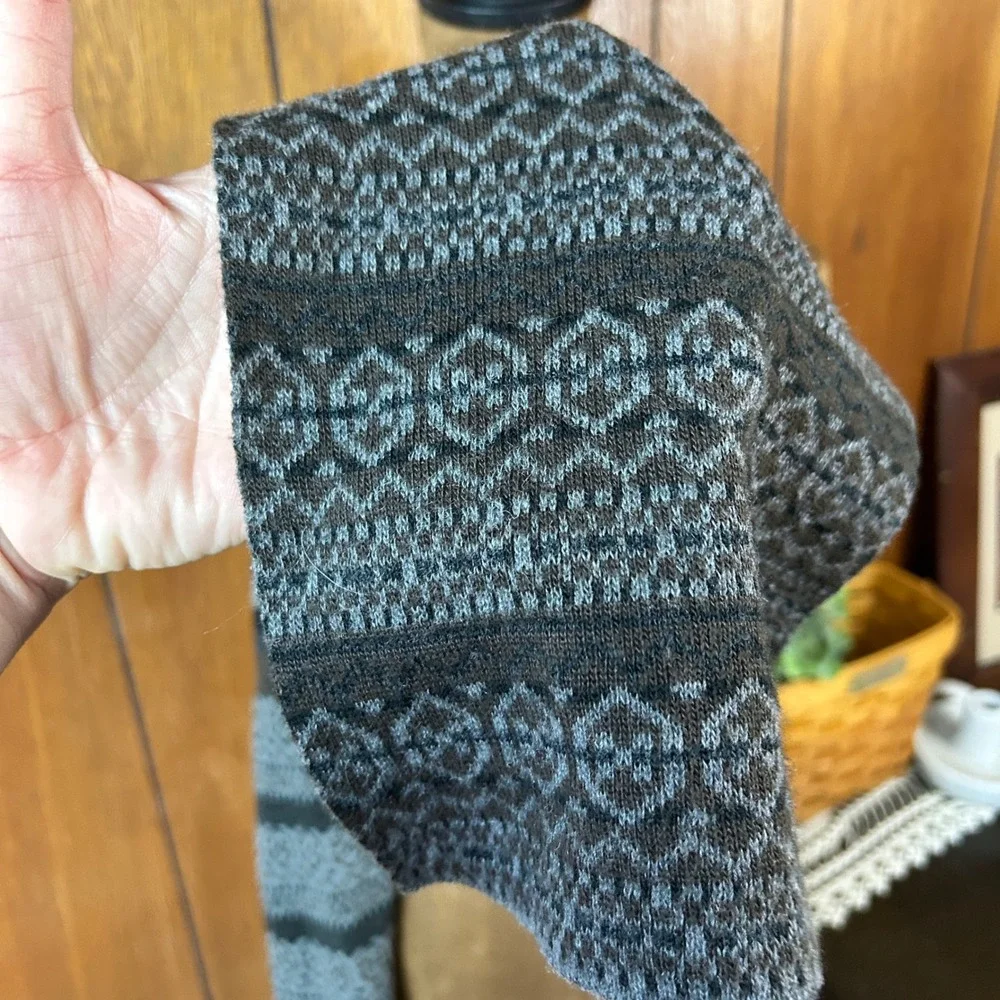 Mens Fair Isle‎ Knit Scarf Brown Gray Striped Geometric Winter Warm